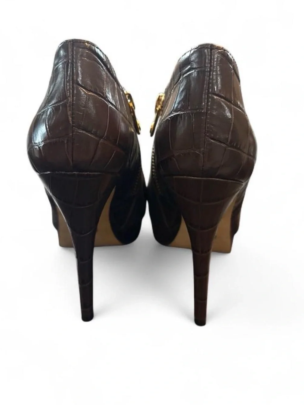 Michael Kors Brown Suede Croc Embossed Gold Zip Booties 5